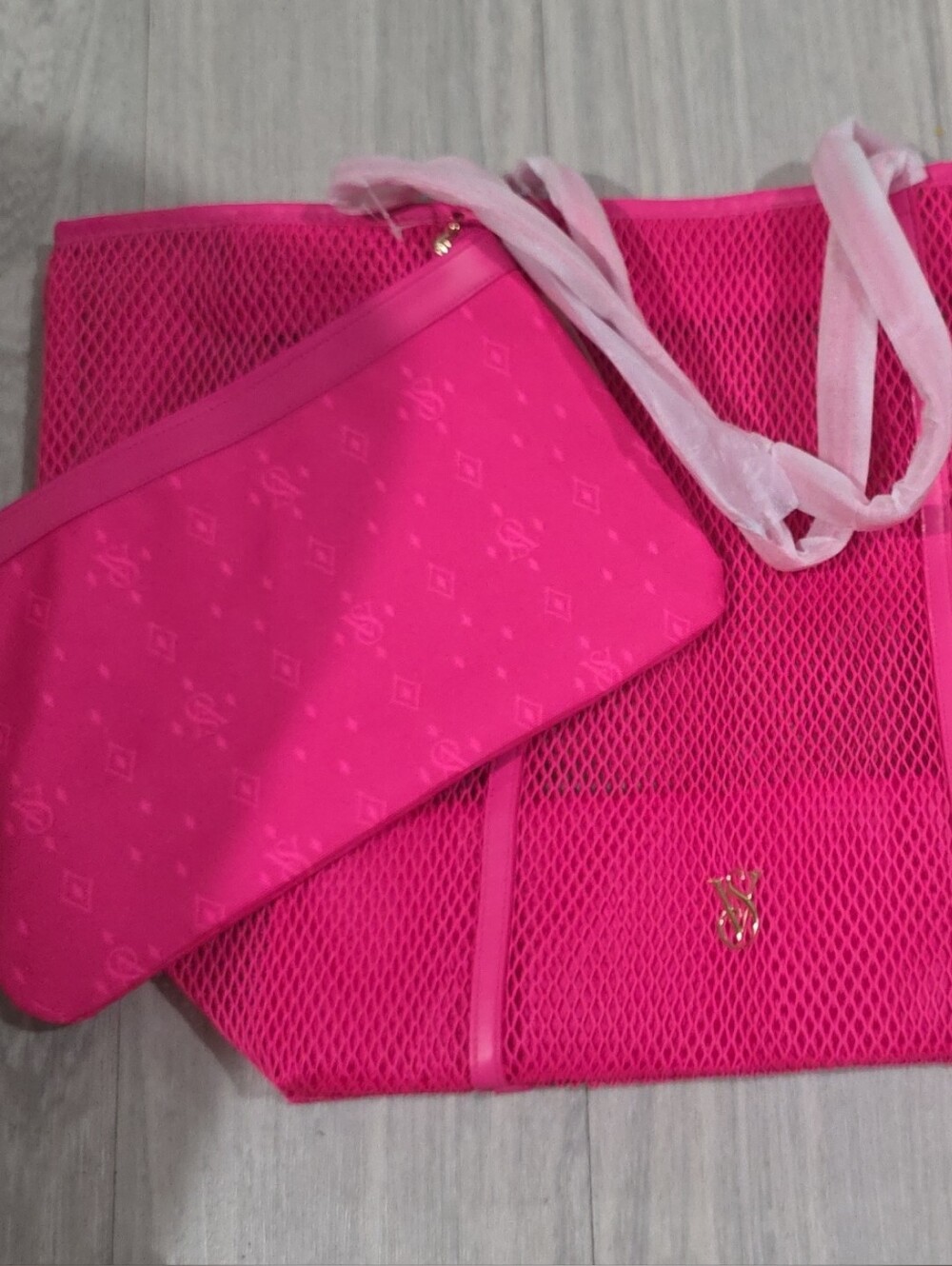 Victoria Secret Hot Pink Women's Mesh Tote Bag with Matching Pouch - Unbranded